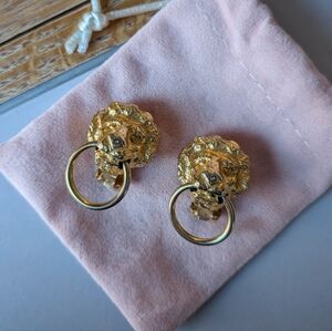 Kenneth Lane Signed Gold Lion Head Earrings